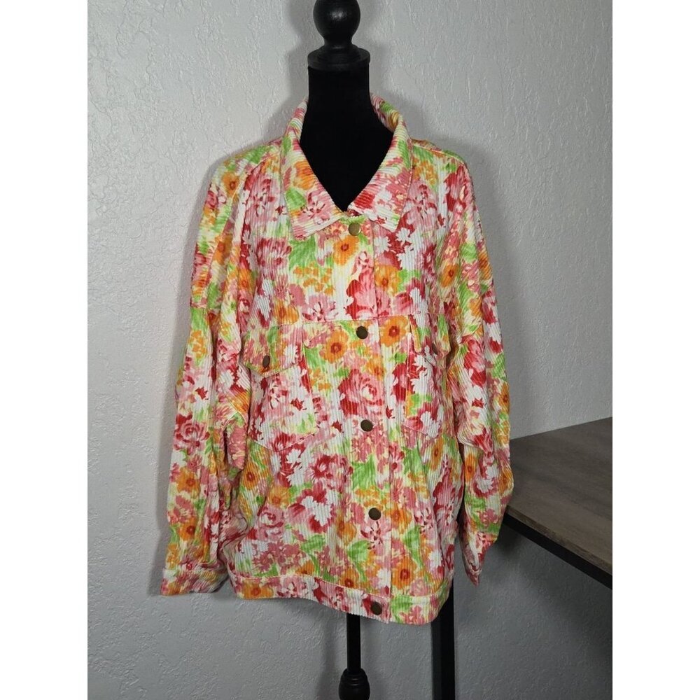 Emily Wonder Multicolor Floral Print Colorful Ribbed Button Down Jacket 2X